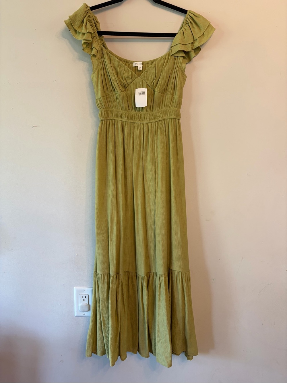Dry Goods Blu Pepper Off Shoulder Olive Green Maxi Dress | NWT